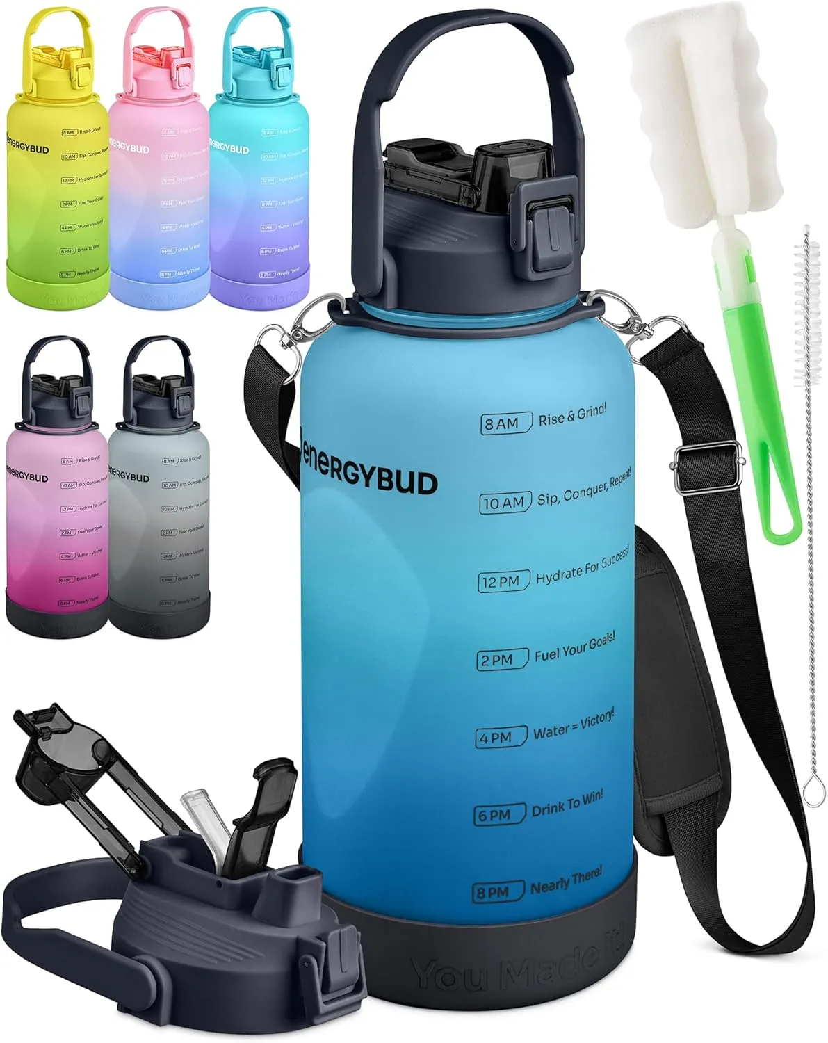 1 Gallon Water Bottle Removable Straw And Handle Dishwasher-Safe BPS & BPA & DEHP Free  2 Brushes Big/Large Bottle With Time Markers Wide Mouth Leakproof 128 oz Jug (Blue & Black)