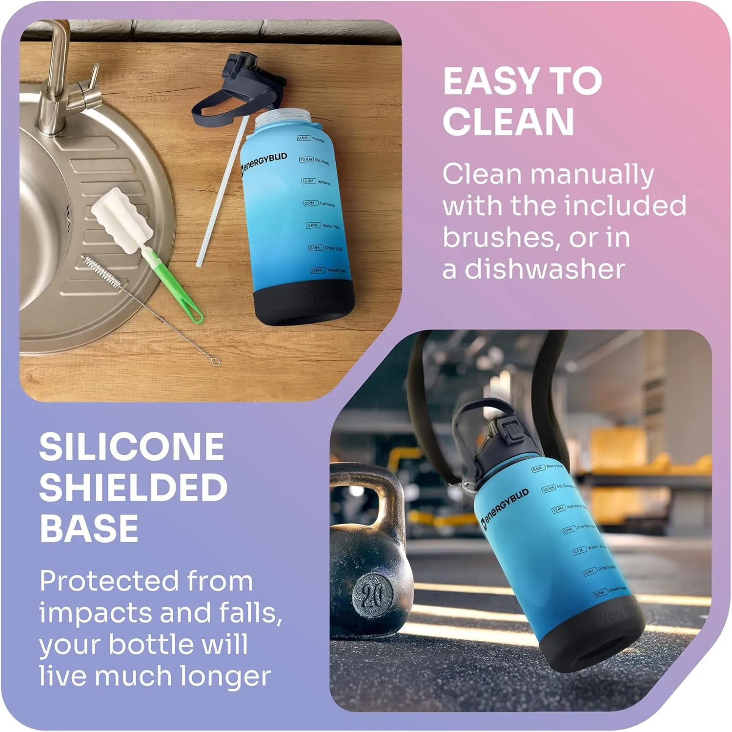 1 Gallon Water Bottle Removable Straw And Handle Dishwasher-Safe BPS & BPA & DEHP Free  2 Brushes Big/Large Bottle With Time Markers Wide Mouth Leakproof 128 oz Jug (Blue & Black)