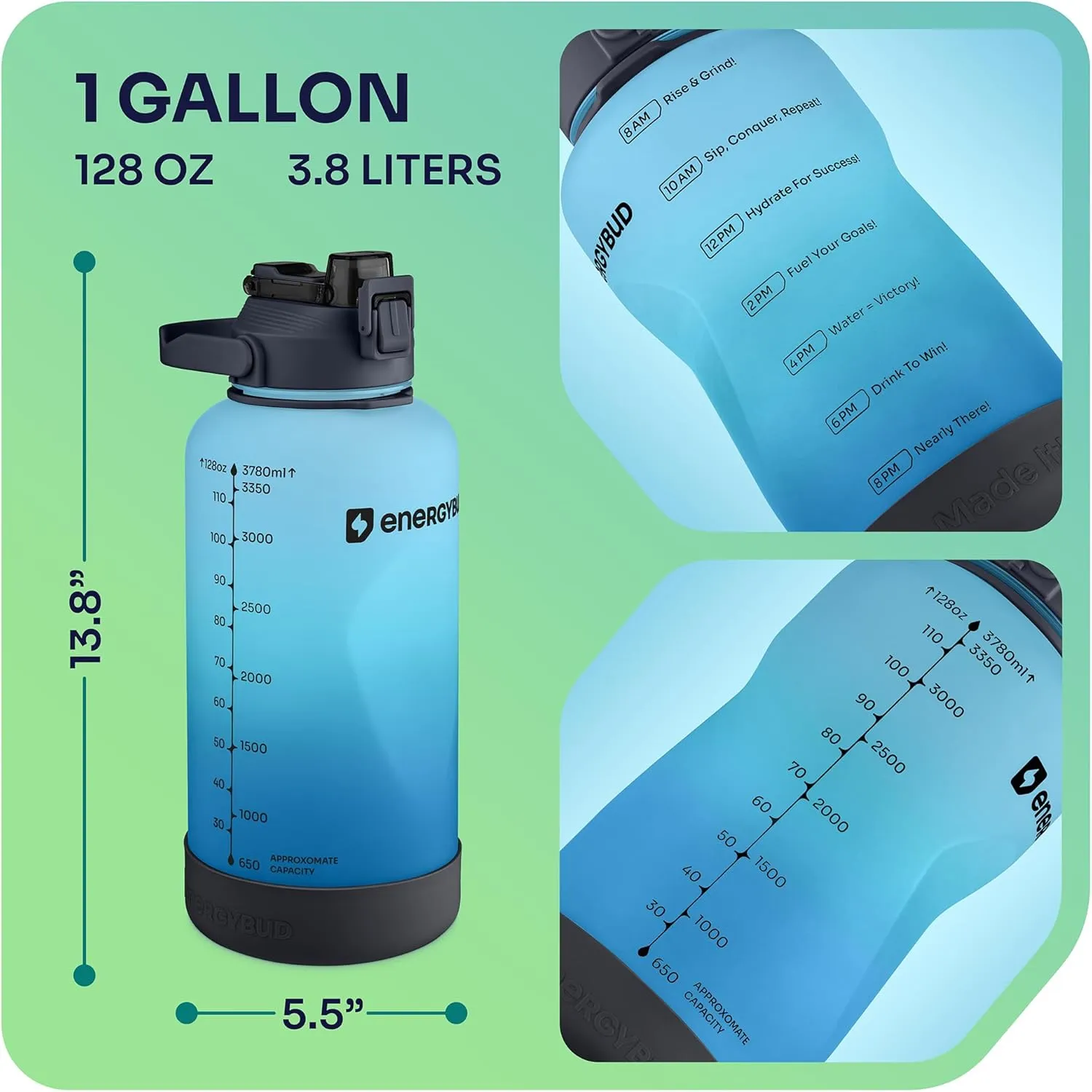 1 Gallon Water Bottle Removable Straw And Handle Dishwasher-Safe BPS & BPA & DEHP Free  2 Brushes Big/Large Bottle With Time Markers Wide Mouth Leakproof 128 oz Jug (Blue & Black)