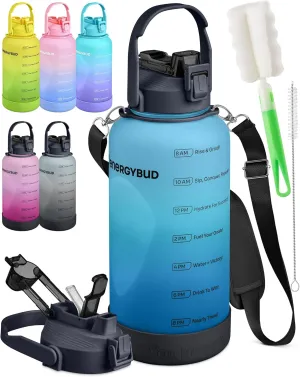 1 Gallon Water Bottle Removable Straw And Handle Dishwasher-Safe BPS & BPA & DEHP Free  2 Brushes Big/Large Bottle With Time Markers Wide Mouth Leakproof 128 oz Jug (Blue & Black)