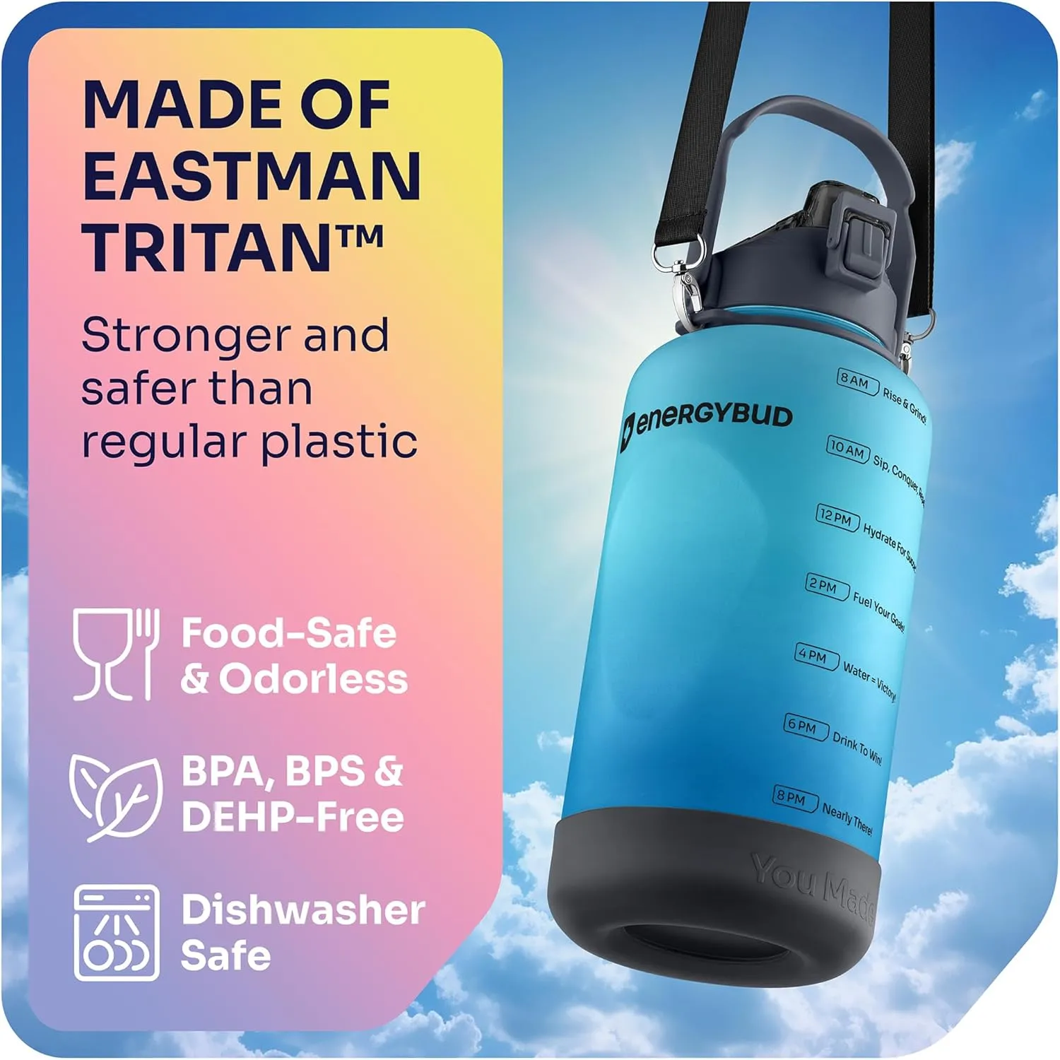 1 Gallon Water Bottle Removable Straw And Handle Dishwasher-Safe BPS & BPA & DEHP Free  2 Brushes Big/Large Bottle With Time Markers Wide Mouth Leakproof 128 oz Jug (Blue & Black)