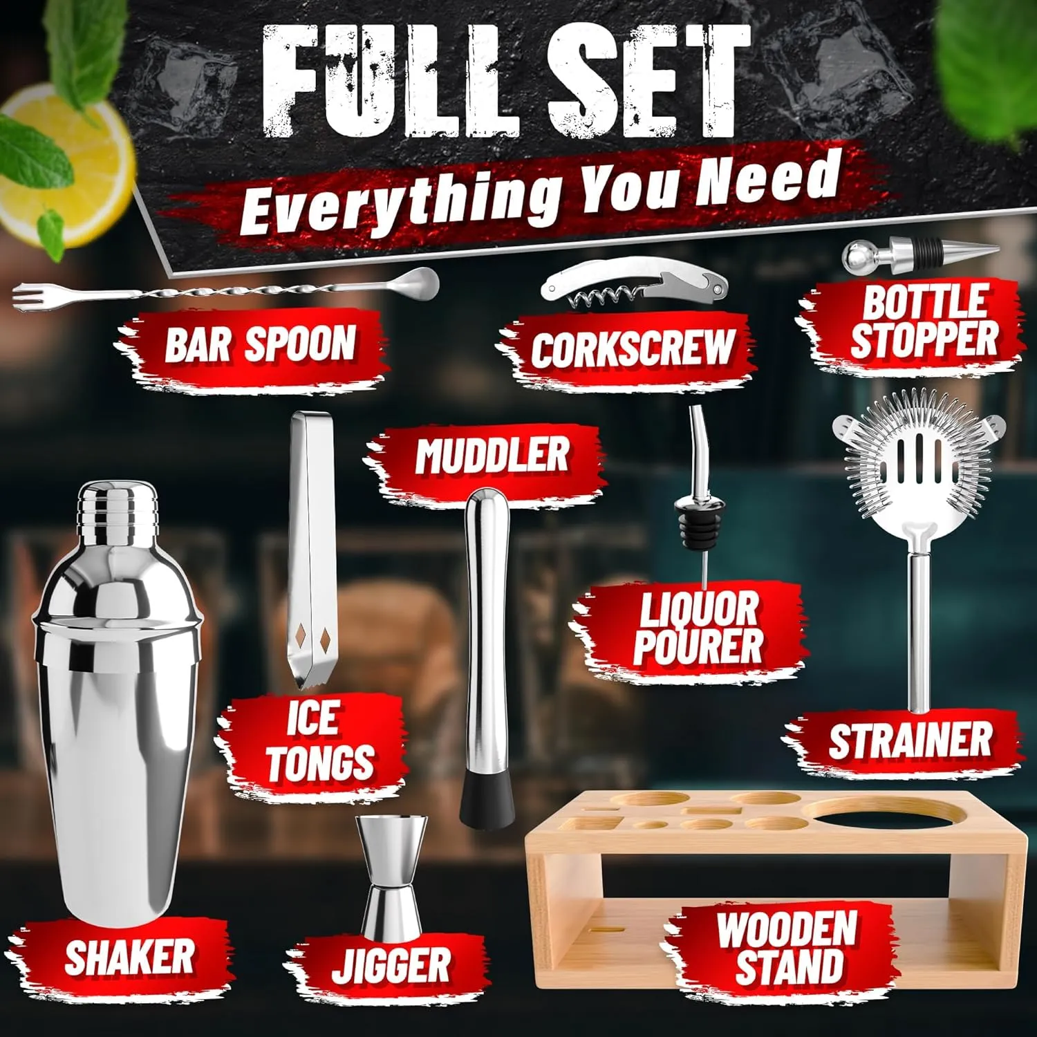 10-in-1 Bartender Kit with Stand - Stainless Steel Bar Set Cocktail Shaker Set with All Essential Tools, Rust Resistant, Stylish Design, Easy to Clean - Professional & Home Bar Accessories