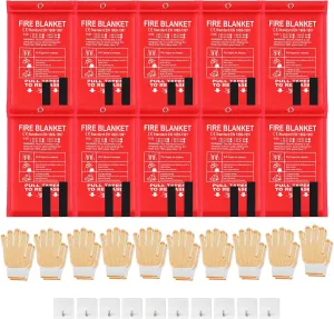 10 Pack Emergency Fire Extinguisher Blankets with Fireproof Gloves and Hooks for Home and Kitchen Safety Fire Retardant Blankets for House Fireplace Car Suppression Flame (39.37 x 39.37 Inch)