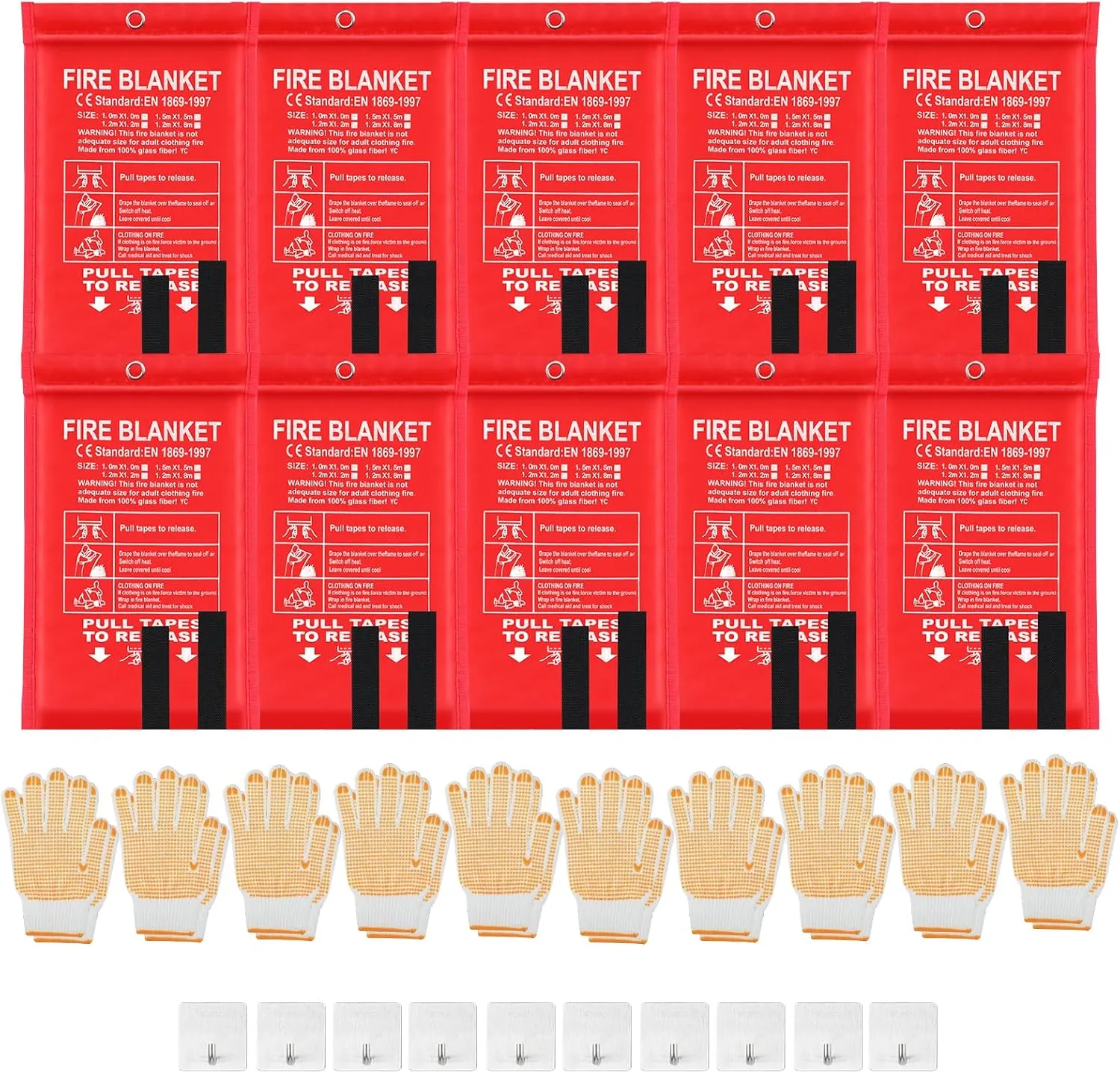 10 Pack Emergency Fire Extinguisher Blankets with Fireproof Gloves and Hooks for Home and Kitchen Safety Fire Retardant Blankets for House Fireplace Car Suppression Flame (39.37 x 39.37 Inch)