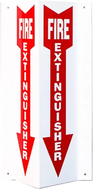 (10 Pack) Rigid Plastic 3-D Angle Fire Extinguisher Projecting Arrow Sign, White with Red, 4 inches x 18 inches 3-D Angle Arrow Down Sign