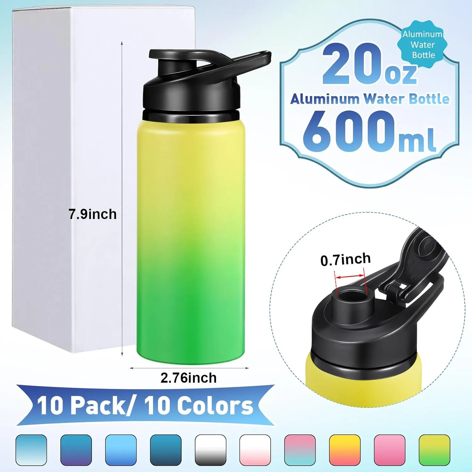 10 Pieces 20 oz Reusable Aluminum Water Bottles Bulk Outdoor Sports Water Bottles Multipack Travel Bottles for Gym, Hiking, Cycling, Camping, Fishing, Snap Lid(Gradient Color)