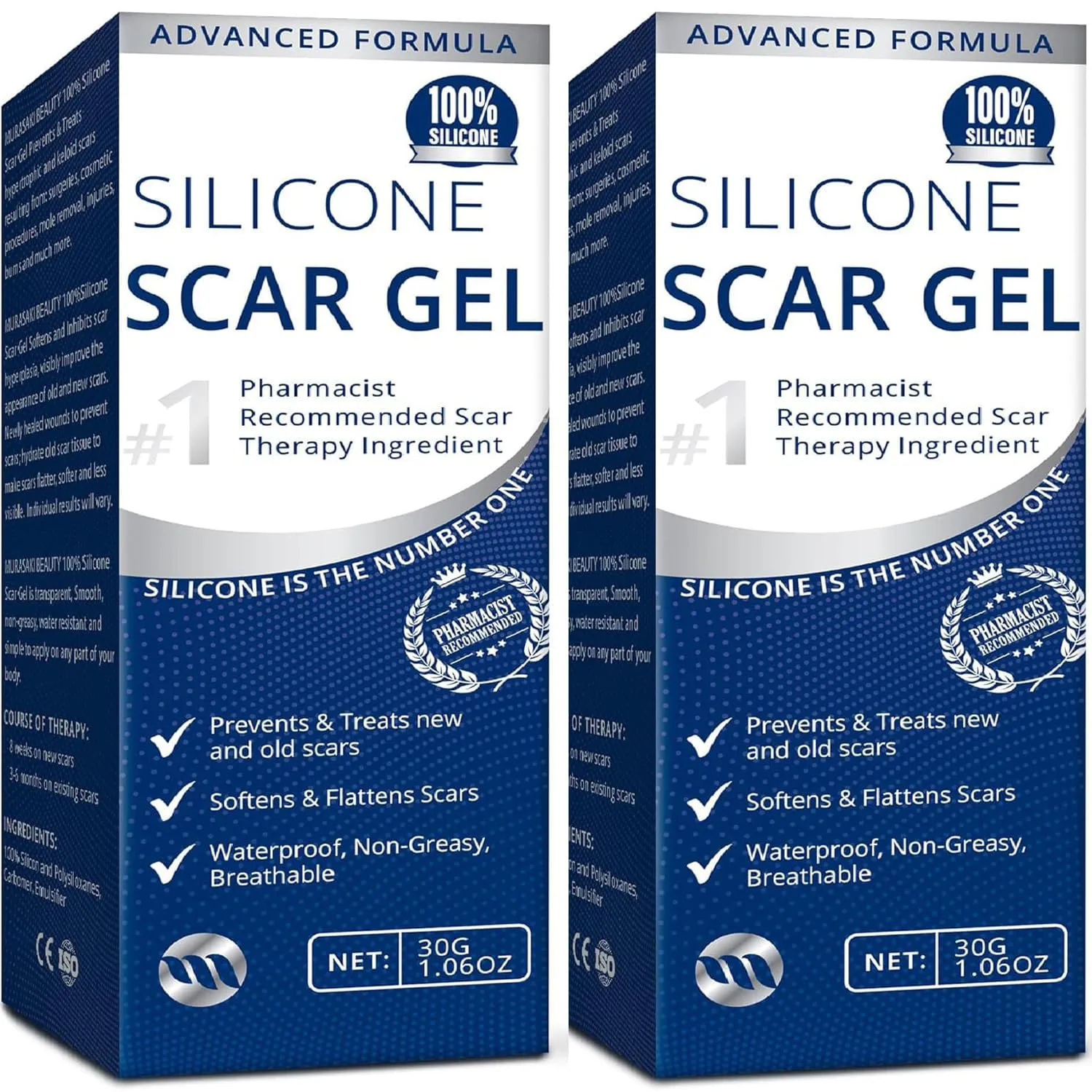 100% Silicone Scar Gel 2 Pack: 2 x 1.06oz Tubes for Surgical Scars, C-Section, Acne, Keloids, Burns, Stretch Marks – Advanced Scar Treatment for Old & New Scars