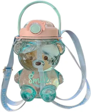 1000ml Portable Bear Shaped Water Bottle With Straw And Strap Cute Water Bottles For Teens Girls School Sports Milk Tea Juice Drinking Bottle (Blue), Filtering Bottles