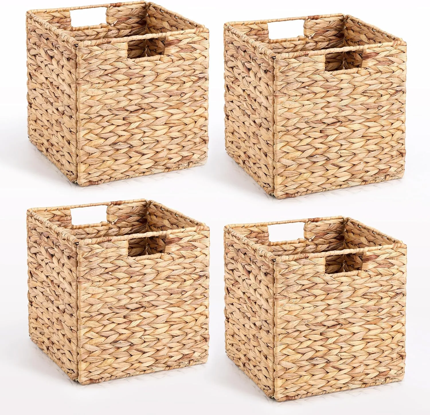 10.5 x 10.5in Wicker Storage Baskets, Cube Foldable Water Hyacinth Storage Baskets for Shelves Set of 4