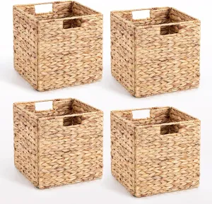 10.5 x 10.5in Wicker Storage Baskets, Cube Foldable Water Hyacinth Storage Baskets for Shelves Set of 4