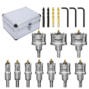 10Pcs (16-54mm) TCT Carbide Hole Saw Kit for Hard Metal, Extra 2xTitanium & 1xStepped Pilot Drill bits and 2Pcs Hex Key for Stainless Steel, Iron,Aluminum,Alloy,Metal
