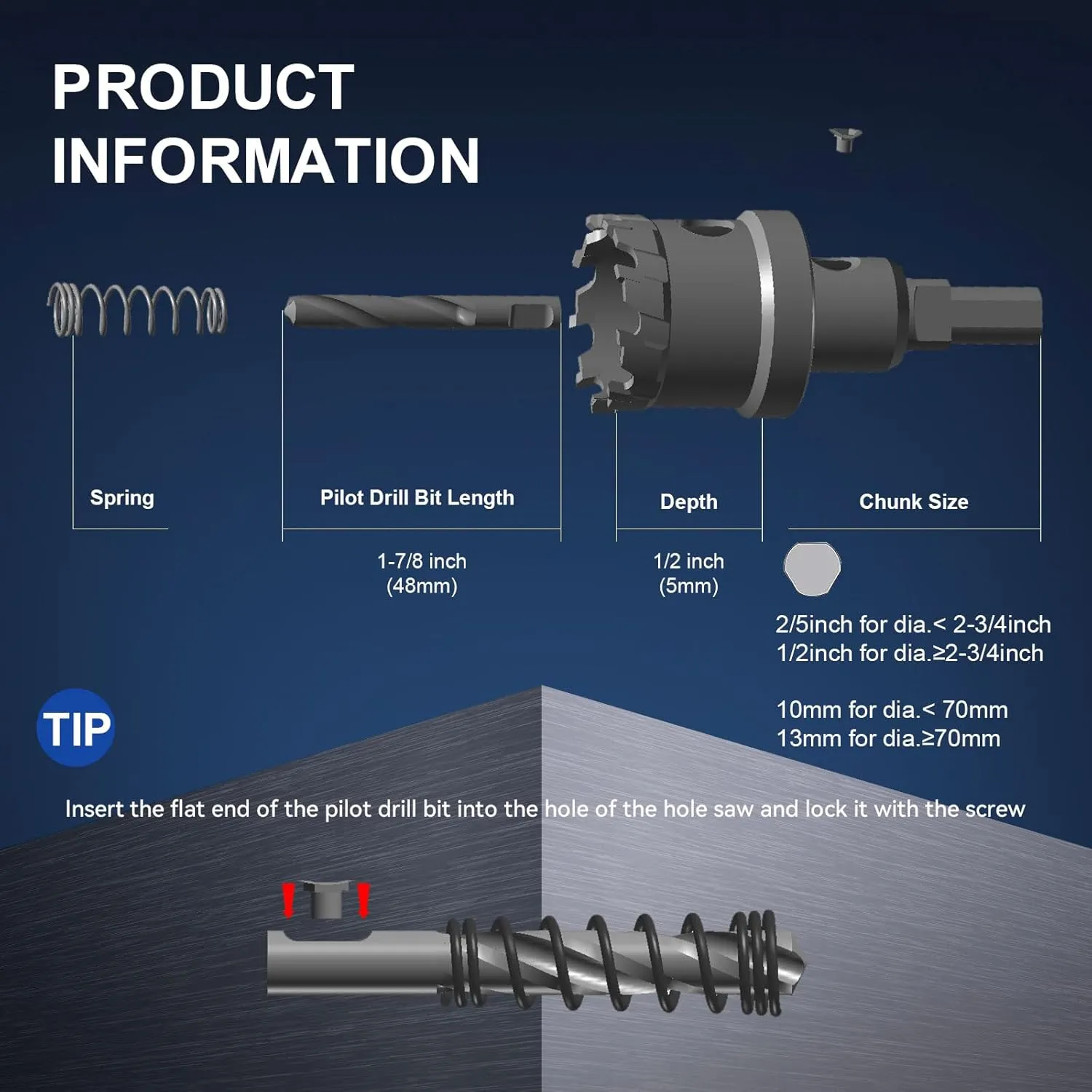 10Pcs (16-54mm) TCT Carbide Hole Saw Kit for Hard Metal, Extra 2xTitanium & 1xStepped Pilot Drill bits and 2Pcs Hex Key for Stainless Steel, Iron,Aluminum,Alloy,Metal