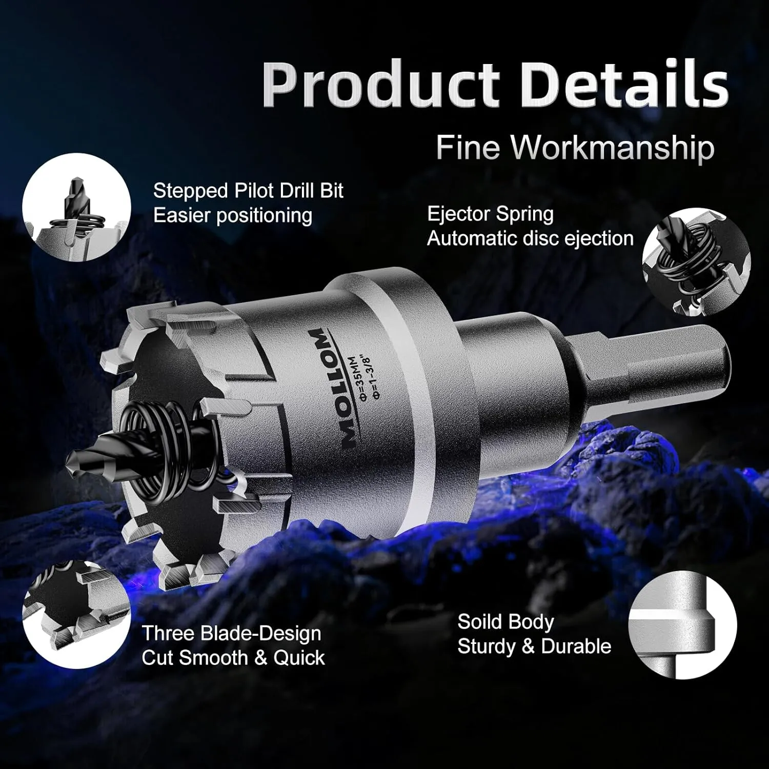 10Pcs (16-54mm) TCT Carbide Hole Saw Kit for Hard Metal, Extra 2xTitanium & 1xStepped Pilot Drill bits and 2Pcs Hex Key for Stainless Steel, Iron,Aluminum,Alloy,Metal