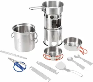 10Pcs Camping Cookware Mess Kit Portable Stainless Steel Folding Wood Stove Pot Pan Set Bowls Spoon Tableware Cooking Set