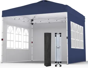 10x10 1-Person Setup Pop Up Canopy with 3 Side Walls, Instant Outdoor Canopy Tent with 1-Button Push, Portable Beach Canopy Tents with Carrying Bag and Wheels, for Event, Parties, Camping, Dark Blue