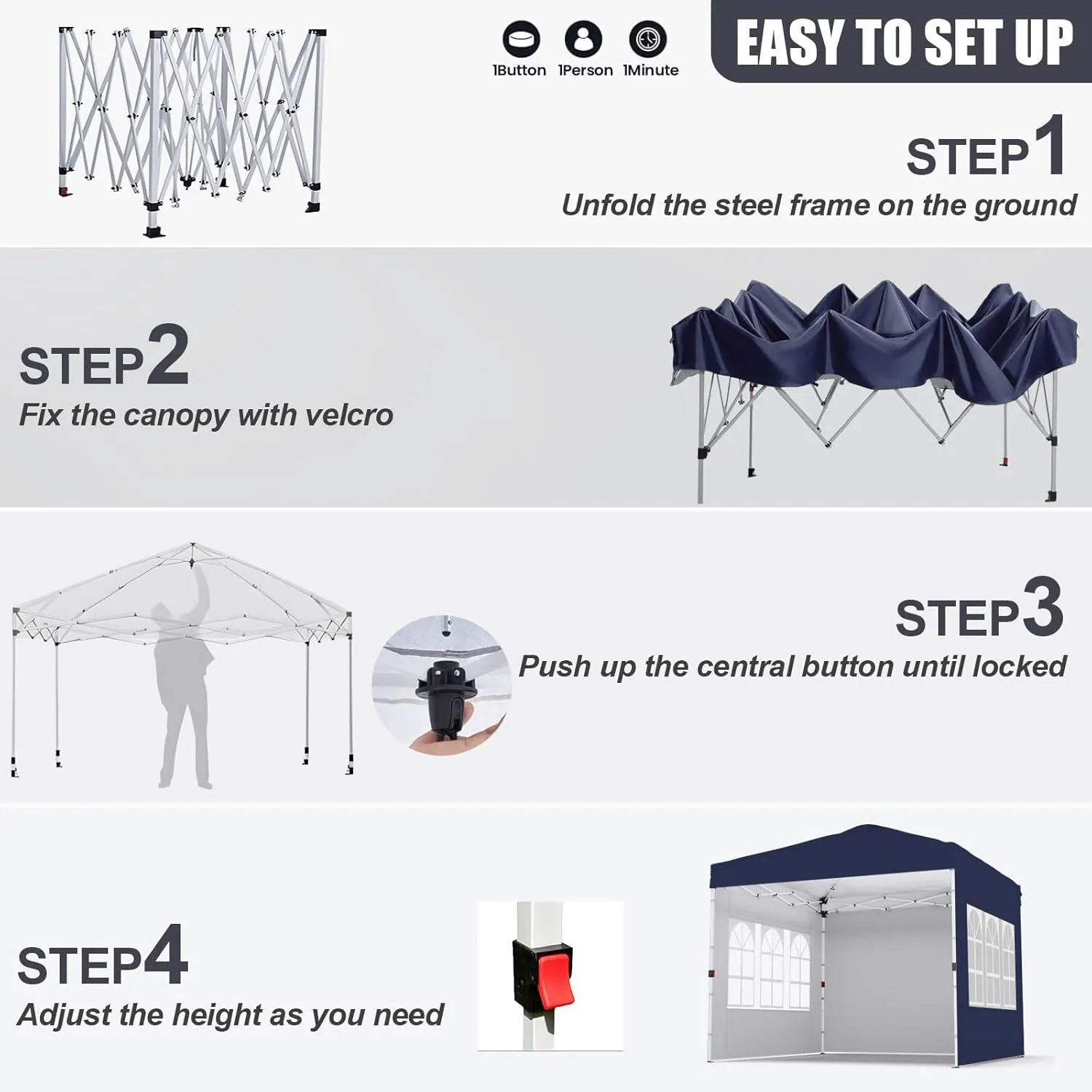 10x10 1-Person Setup Pop Up Canopy with 3 Side Walls, Instant Outdoor Canopy Tent with 1-Button Push, Portable Beach Canopy Tents with Carrying Bag and Wheels, for Event, Parties, Camping, Dark Blue