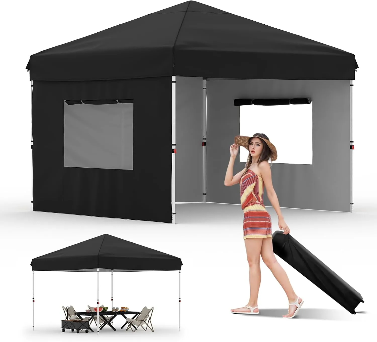 10x10 Pop Up Canopy Tent Outdoor Canopy with 3 Removable Sidewalls One-Person Set Up Heavy Duty Commercial Instant Tent Shelter-Black