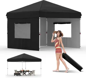 10x10 Pop Up Canopy Tent Outdoor Canopy with 3 Removable Sidewalls One-Person Set Up Heavy Duty Commercial Instant Tent Shelter-Black