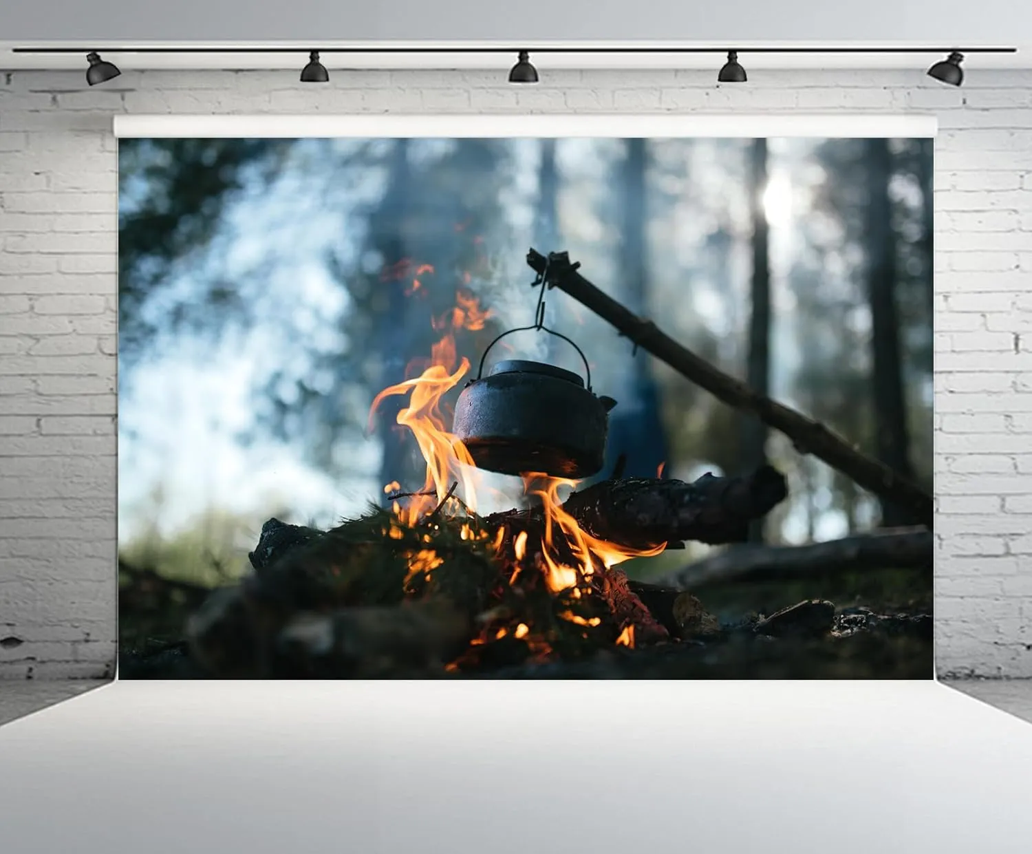 10x6.5ft Campfire Pot Backdrop Campfire Fired Log Flame Deep Forest Nature Camp Theme Background Outside Natural Hiking Camp Birthday Wedding Party Decoration Portrait Photo Studio Props