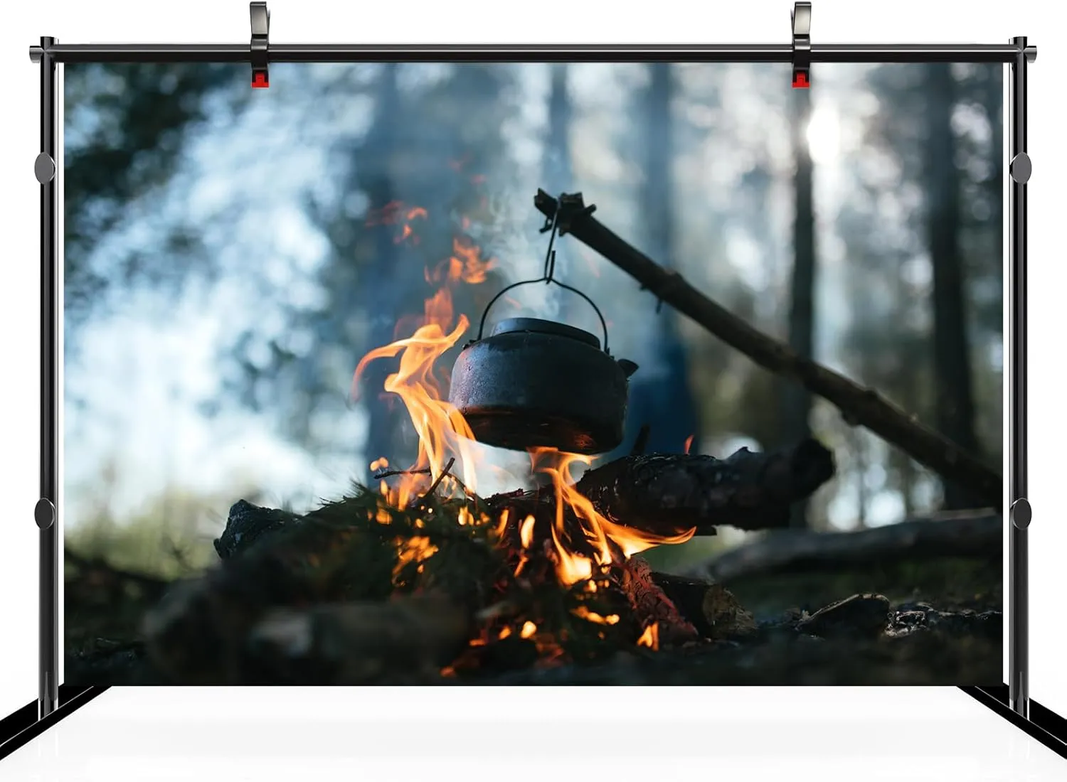10x6.5ft Campfire Pot Backdrop Campfire Fired Log Flame Deep Forest Nature Camp Theme Background Outside Natural Hiking Camp Birthday Wedding Party Decoration Portrait Photo Studio Props