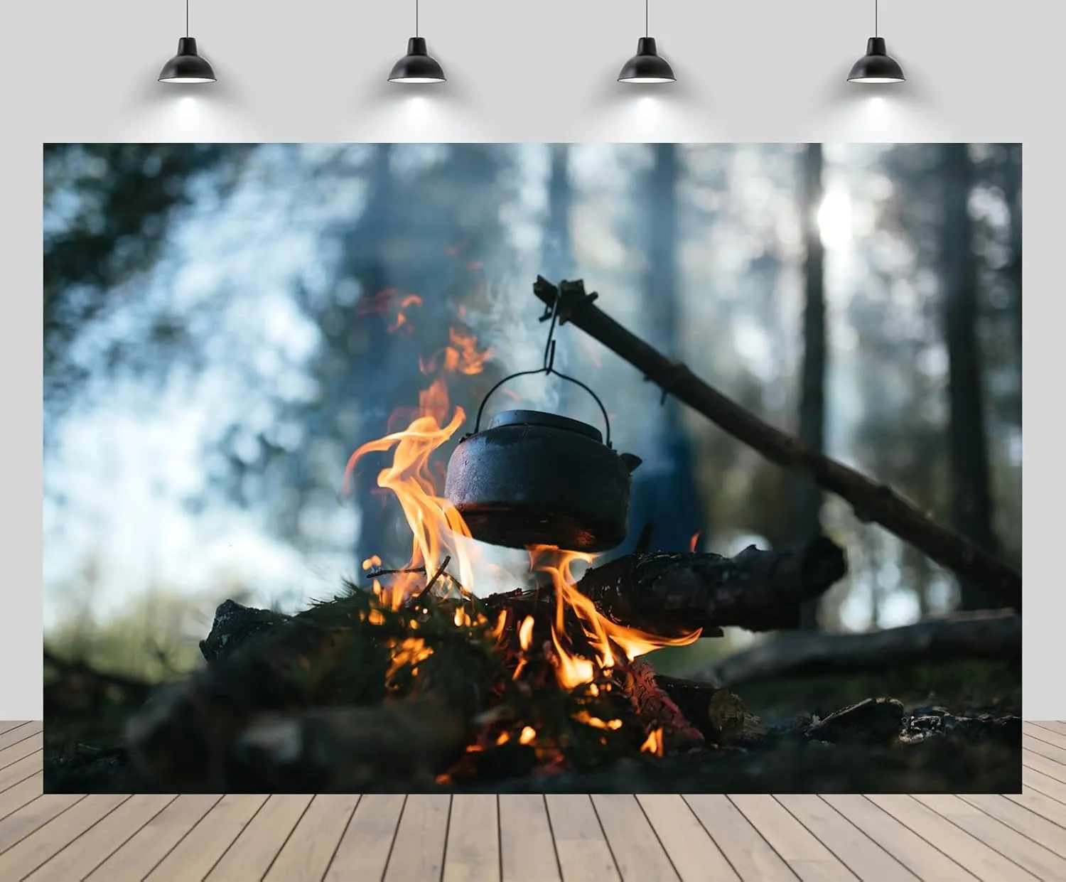 10x6.5ft Campfire Pot Backdrop Campfire Fired Log Flame Deep Forest Nature Camp Theme Background Outside Natural Hiking Camp Birthday Wedding Party Decoration Portrait Photo Studio Props