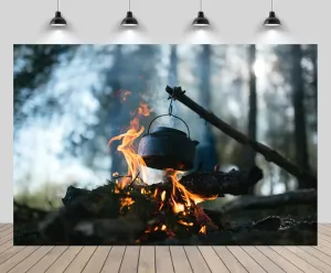 10x6.5ft Campfire Pot Backdrop Campfire Fired Log Flame Deep Forest Nature Camp Theme Background Outside Natural Hiking Camp Birthday Wedding Party Decoration Portrait Photo Studio Props