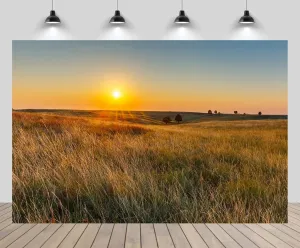10x8ft Autumn Field Backdrop Grassy Prairies Wild Countryside Sunset Scenery Background Fall Harvest Farmer Hiking Camp Party Decorations Photo Booth Props Wallpaper