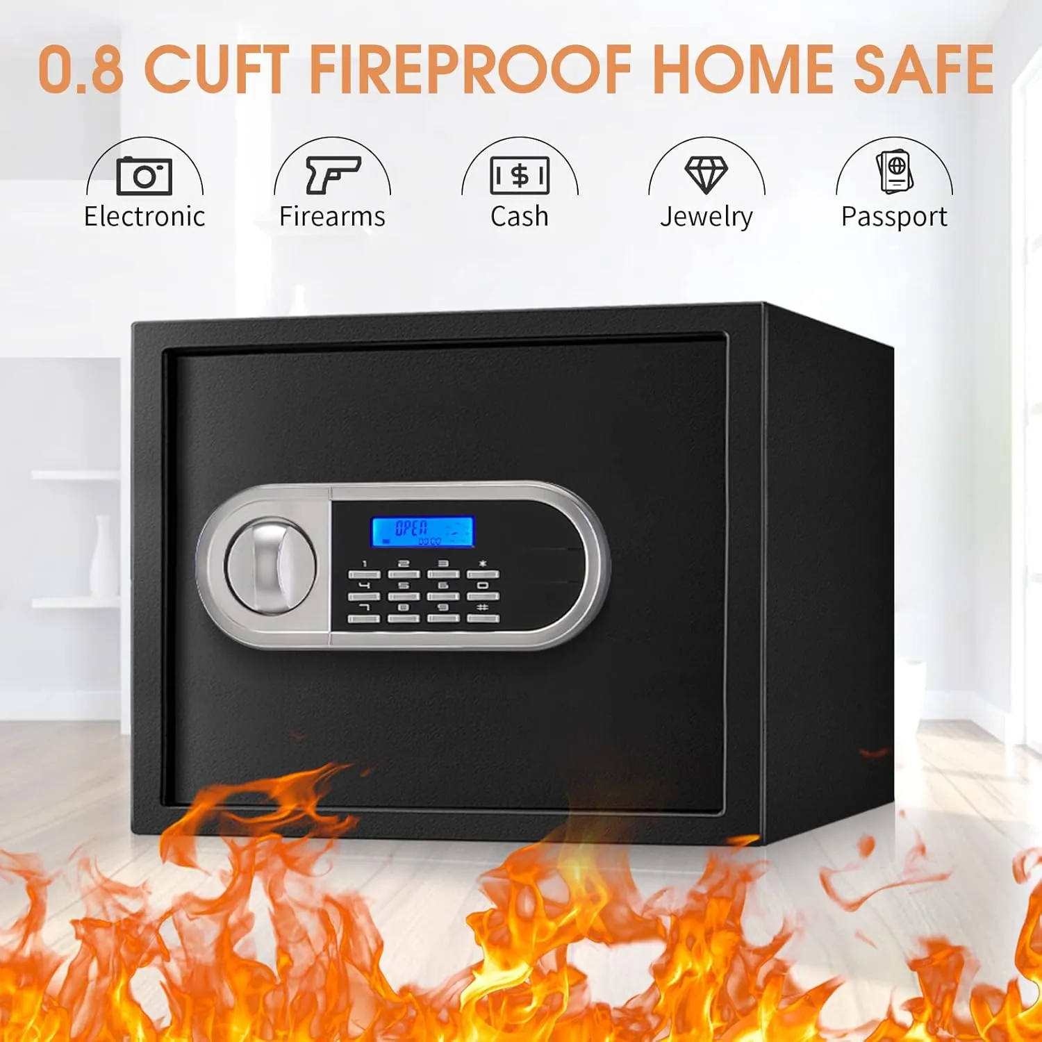 1.2 Cuft Home Safes Fire and Waterproof, Anti-Theft Fireproof Safe Box with Digital Keypad, Spare Keys and Removable Shelf, Personal Safe Box for Documents Money Firearm Valuables