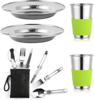 12 Piece Camping Mess Kit,Camping Cooking Utensils Accessories with Plates Cups Forks Spoons and Knives for 2 People,Stainless Steel Camping Cutlery Set with Mesh Bag for Backpacking, Hiking, Picnic