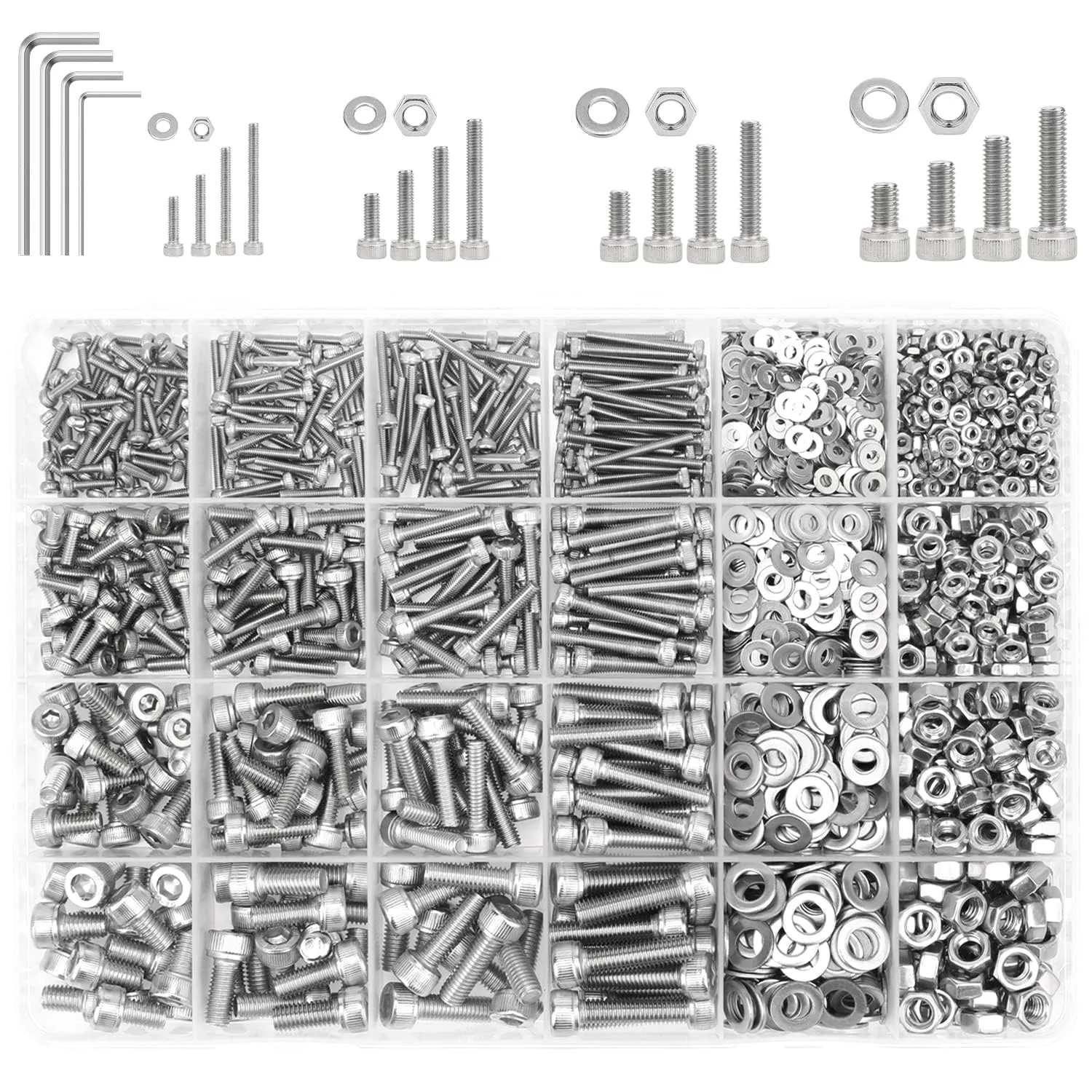 1285 Pieces M2 M2.5 M3 M4 Hex Socket Head Cap Screws Nuts Washers Assortment Kit, 304 Stainless Steel, Fully Machine Thread