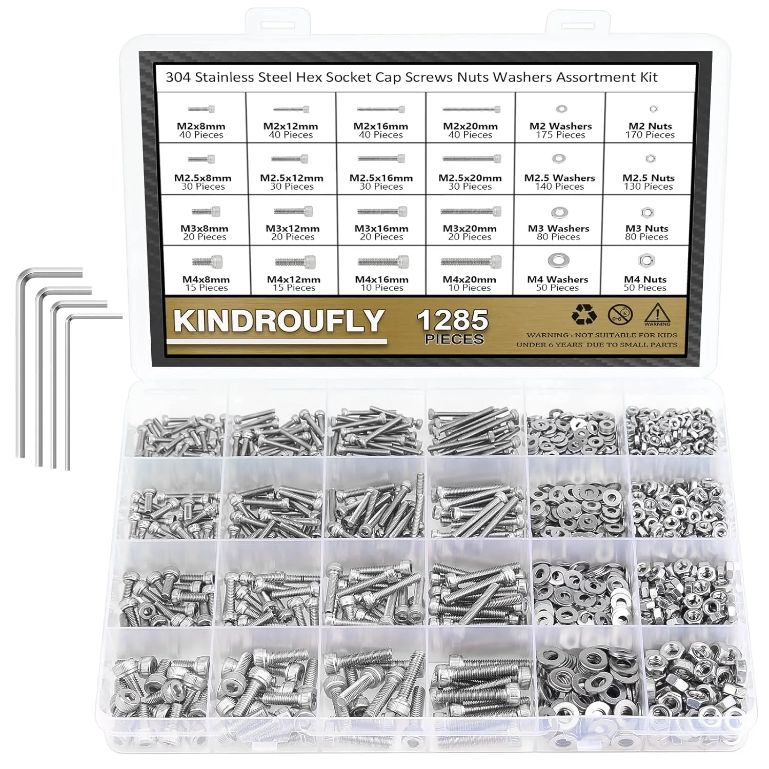 1285 Pieces M2 M2.5 M3 M4 Hex Socket Head Cap Screws Nuts Washers Assortment Kit, 304 Stainless Steel, Fully Machine Thread