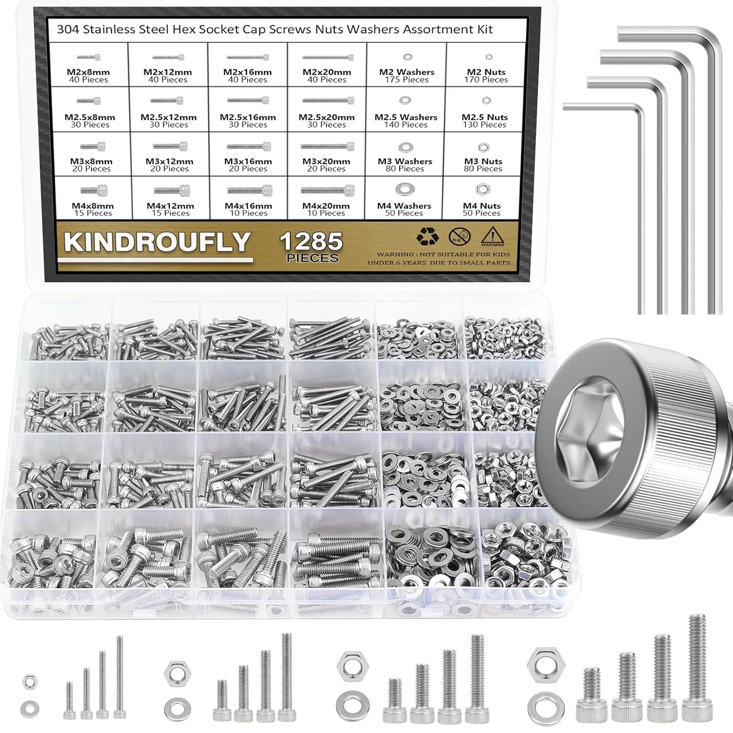 1285 Pieces M2 M2.5 M3 M4 Hex Socket Head Cap Screws Nuts Washers Assortment Kit, 304 Stainless Steel, Fully Machine Thread