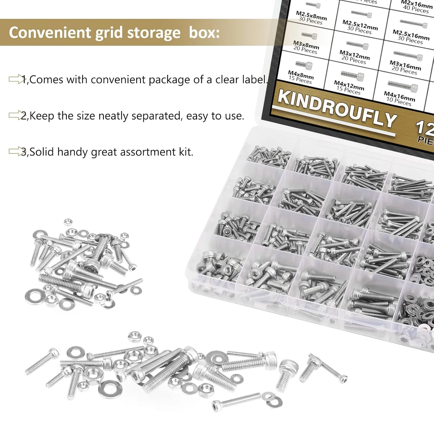 1285 Pieces M2 M2.5 M3 M4 Hex Socket Head Cap Screws Nuts Washers Assortment Kit, 304 Stainless Steel, Fully Machine Thread