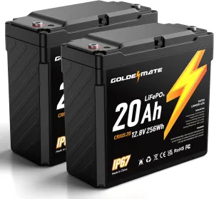 12V 20Ah LiFePO4 Battery(2 Packs), IP67 Waterproof, 12V Lithium Battery with 5000  Deep Cycles, Built-in BMS & Premium Battery Cells, Ideal for Solar, Marine, Fishfinder, Off-grid camping