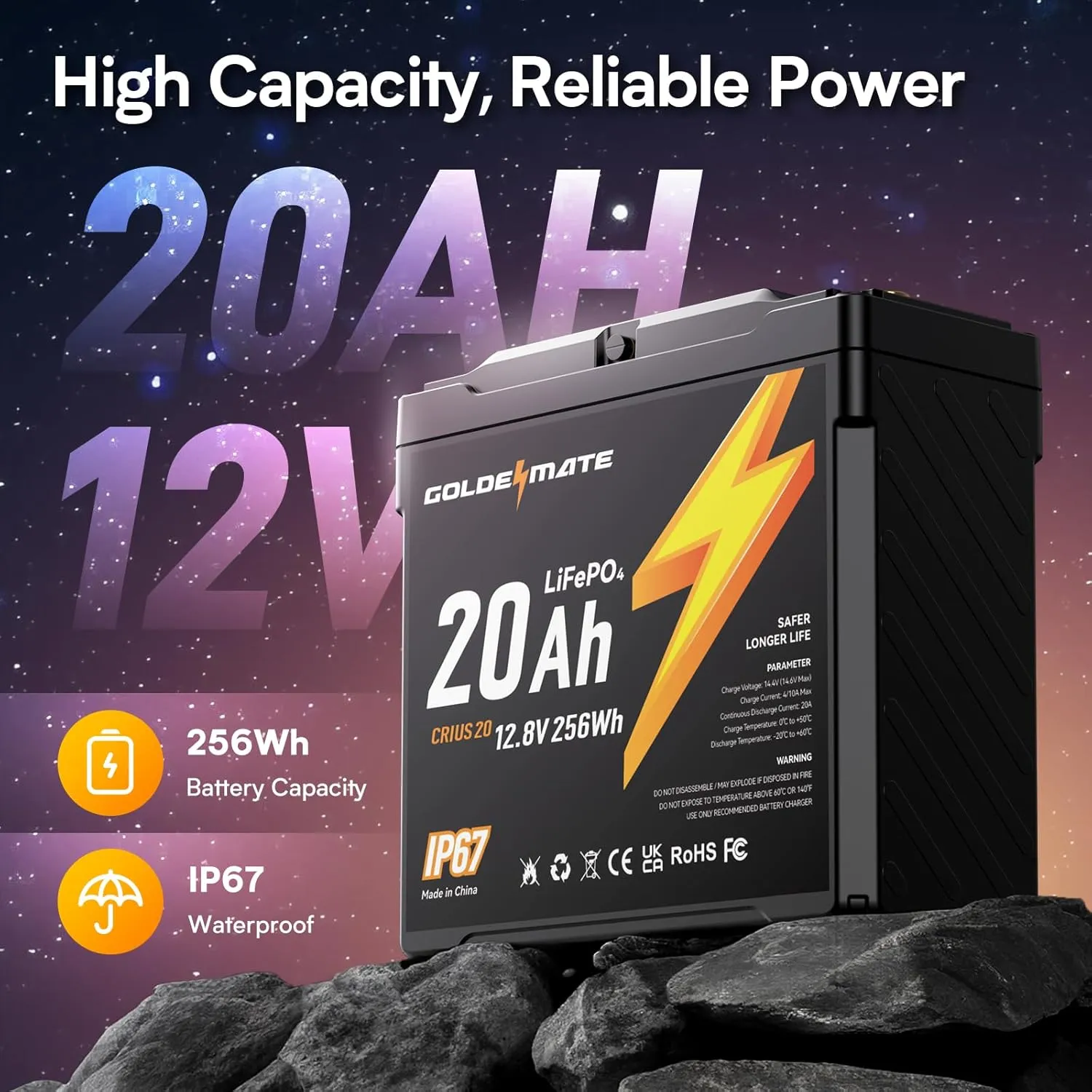 12V 20Ah LiFePO4 Battery(2 Packs), IP67 Waterproof, 12V Lithium Battery with 5000  Deep Cycles, Built-in BMS & Premium Battery Cells, Ideal for Solar, Marine, Fishfinder, Off-grid camping
