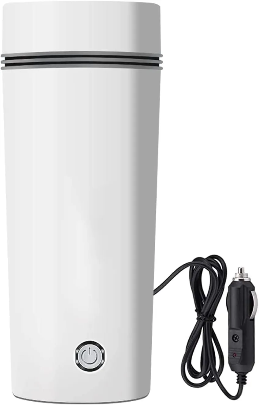 12V Portable Electric Water Bottle for Hot Water Tea Coffee Kettle Mug Multipurpose Food Grade Fast Boil Auto Shut-off For Travel Camping, Road Trip for Cars - 0.4 Litres White