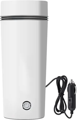 12V Portable Electric Water Bottle for Hot Water Tea Coffee Kettle Mug Multipurpose Food Grade Fast Boil Auto Shut-off For Travel Camping, Road Trip for Cars - 0.4 Litres White