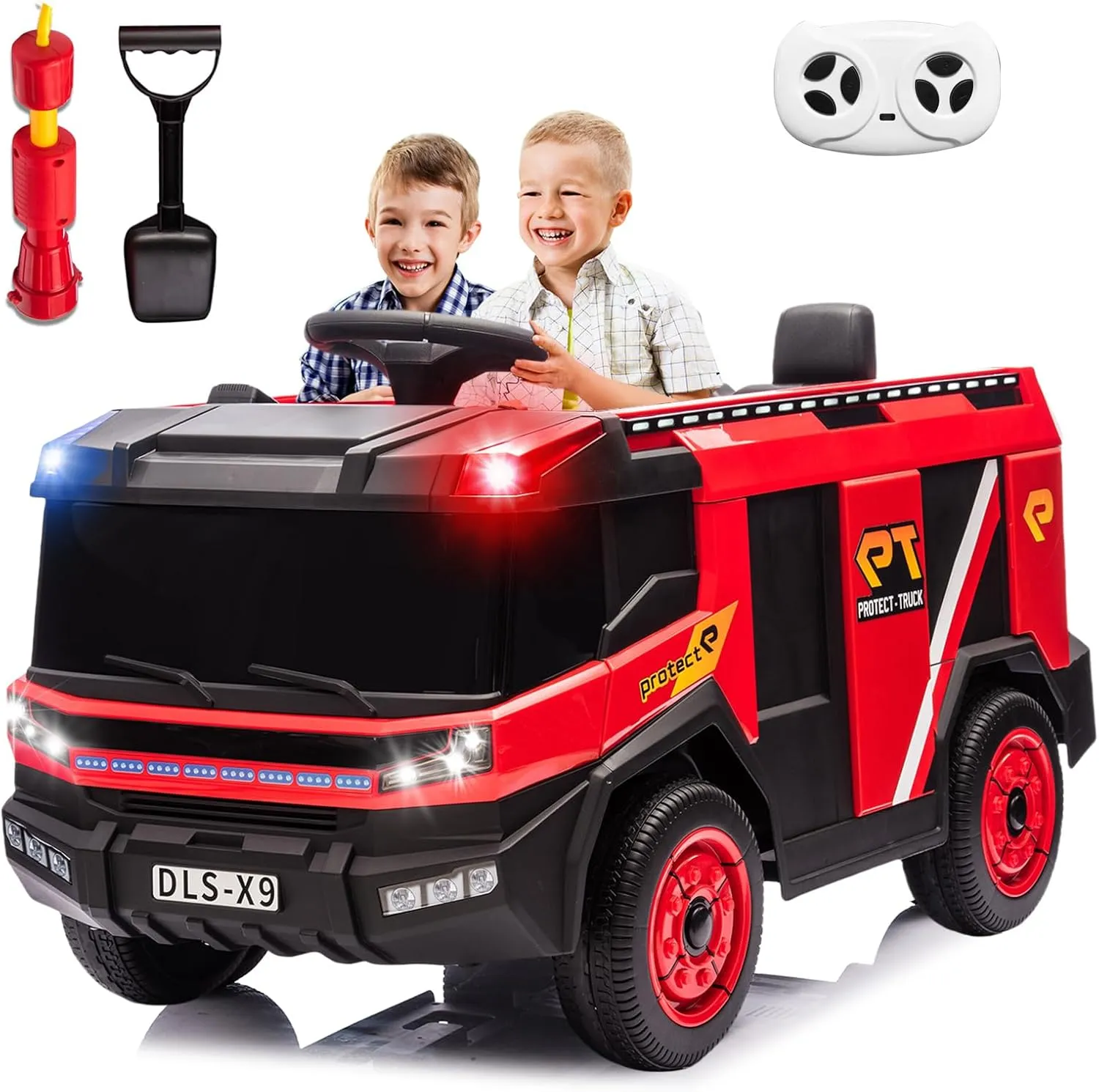 12V Ride On Fire Truck Kids Electric Vehicles Car for Kids Toddlers, Power Wheels Ride On Firetruck Toys w/Parental Remote, Siren Call, Walkie-Talkie, Flash, Fire Water Gun, Bluetooth Music
