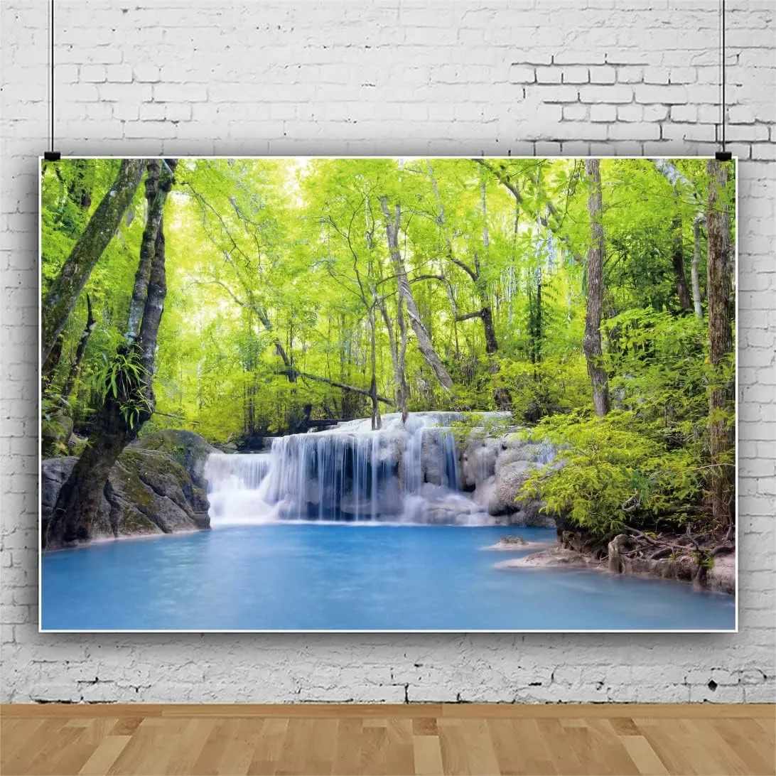 12x8ft Spring Green Forest Backdrop Fresh Trees Woodland Flowing Mountain Stream Waterfall Natural Photography Background Outdoor Hiking Adventure Tourism Themed Banner Vinyl Studio Props