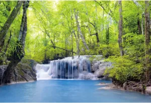12x8ft Spring Green Forest Backdrop Fresh Trees Woodland Flowing Mountain Stream Waterfall Natural Photography Background Outdoor Hiking Adventure Tourism Themed Banner Vinyl Studio Props