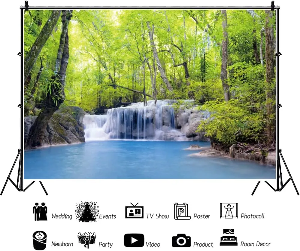 12x8ft Spring Green Forest Backdrop Fresh Trees Woodland Flowing Mountain Stream Waterfall Natural Photography Background Outdoor Hiking Adventure Tourism Themed Banner Vinyl Studio Props