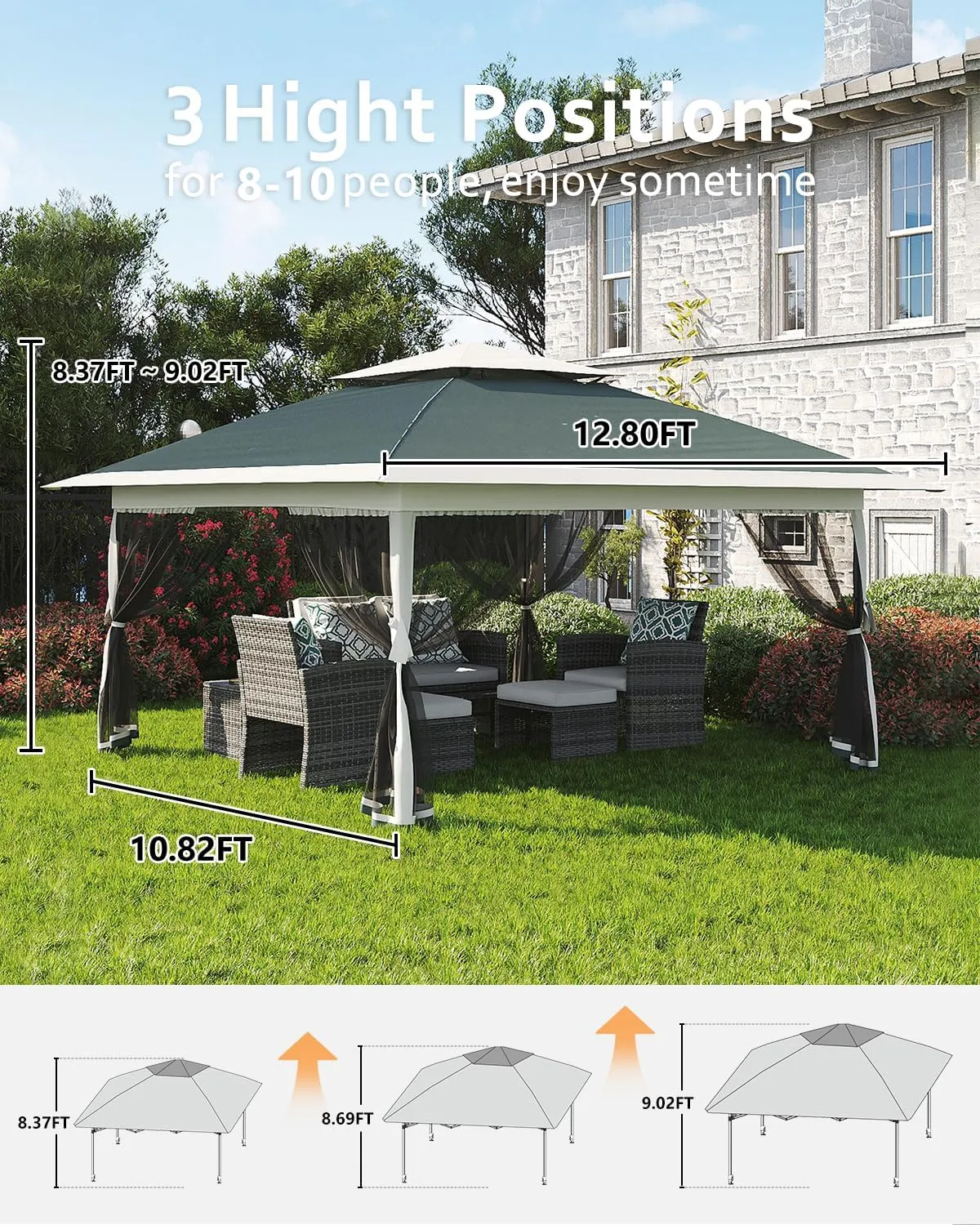 13x13 Canopy Tent, Pop Up Gazebo with Mosquito Netting, Outdoor Gazebo with 4 Sandbags & Wheeled Bag, pop up Canopy for Backyard & Patio Furniture, Patio, Deck