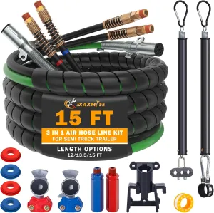 15 FT Semi Truck Air Lines Kit with 2 Pcs Tender Spring Kit and Glad Hands with Gladhand Holder & Handles 3IN1 Trailer Cord and Air Hoses Kit for Truck Trailer Tractor