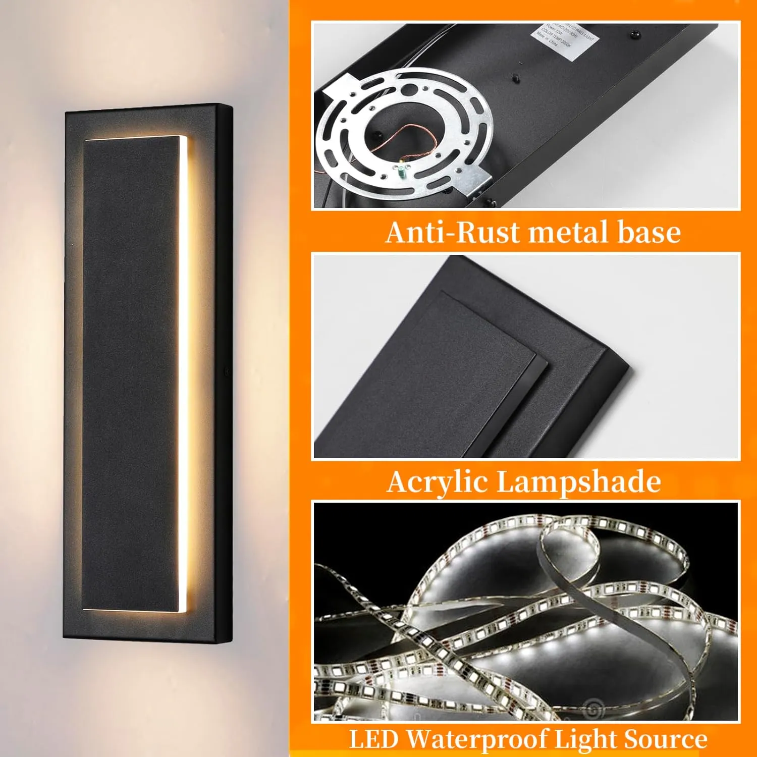 15.7 in Outdoor Wall Sconce Light,Modern Exterior Lights Fixture,Outdoor Porch Lights for House,Patio,Outdoor Wall Lighting,3000K Warm White, 12 W 2 Packs