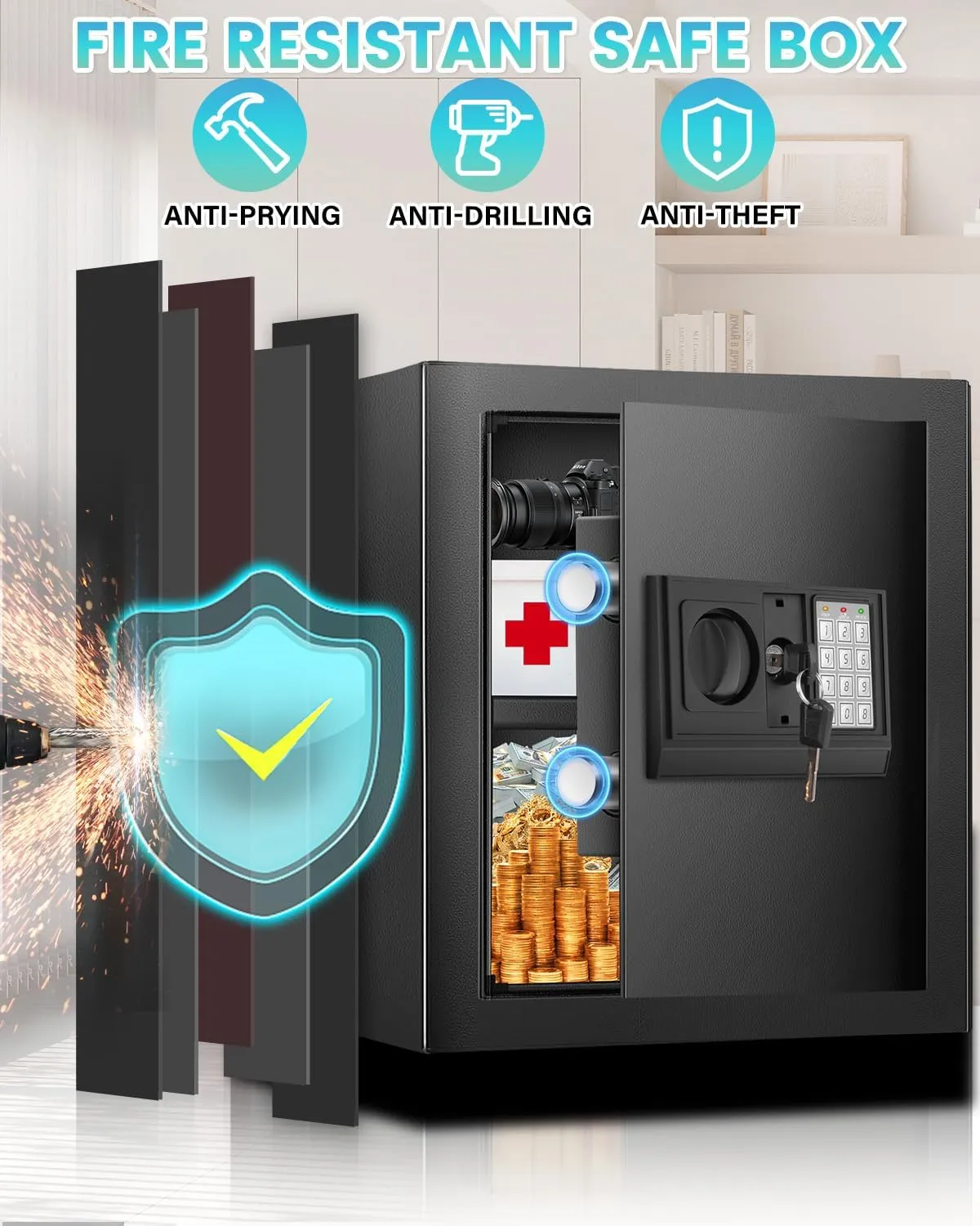 1.6 Cuft Safe Box, Home Safe with Fireproof Waterproof Bag, Anti-Theft Digital Security Lock Box with Smart Alert System, Removable Shelf, Mute Function, Personal Document Safes for Money Jewelry