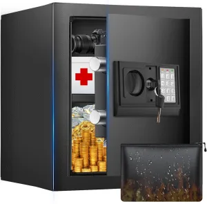 1.6 Cuft Safe Box, Home Safe with Fireproof Waterproof Bag, Anti-Theft Digital Security Lock Box with Smart Alert System, Removable Shelf, Mute Function, Personal Document Safes for Money Jewelry