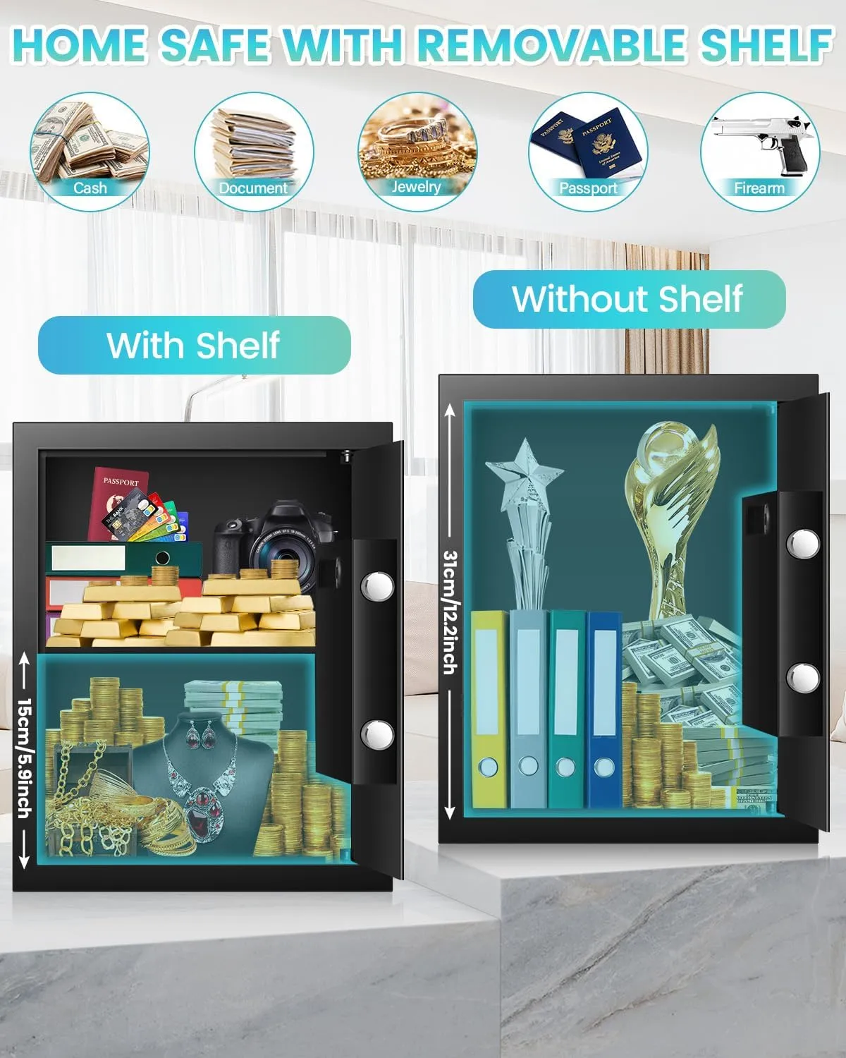 1.6 Cuft Safe Box, Home Safe with Fireproof Waterproof Bag, Anti-Theft Digital Security Lock Box with Smart Alert System, Removable Shelf, Mute Function, Personal Document Safes for Money Jewelry