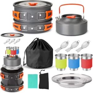 16pcs Camping Cookware Mess Kit, Non-Stick Lightweight Pot Pan Kettle Set with Stainless Steel Plates Spoons, Portable Outdoor Cookware Camp Cooking Set for Camping Backpacking Hiking Picnic