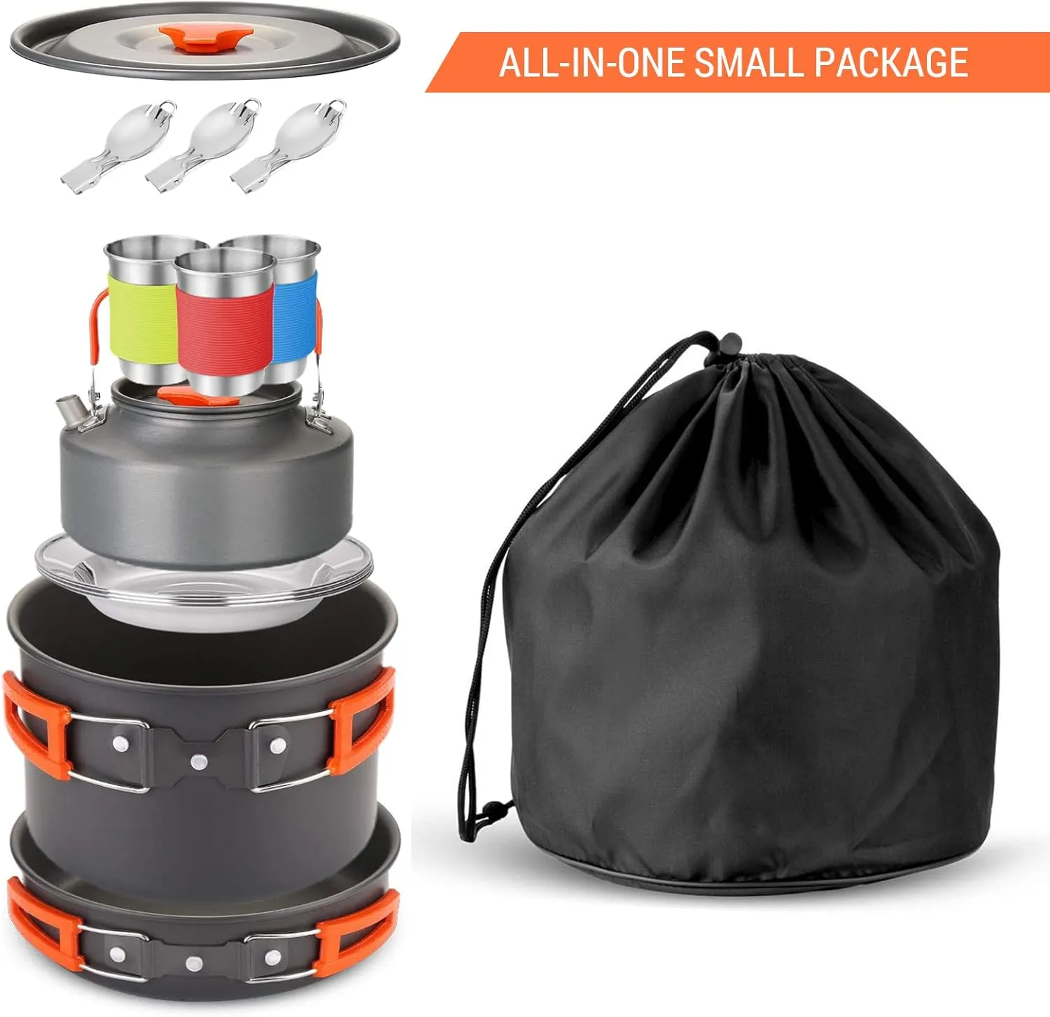 16pcs Camping Cookware Mess Kit, Non-Stick Lightweight Pot Pan Kettle Set with Stainless Steel Plates Spoons, Portable Outdoor Cookware Camp Cooking Set for Camping Backpacking Hiking Picnic