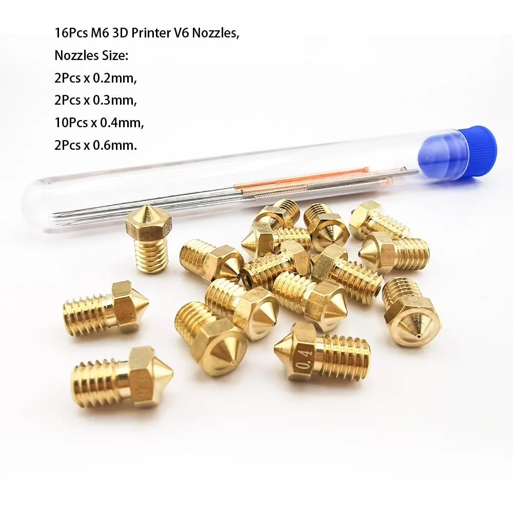 16Pcs V6 Nozzles kit Compatible for E3D V5 V6 Hotend, V6 Nozzle 0.2/0.3/0.4/0.6mm Compatible with ANYCUBIC I3 Mega A8 Prusa I3 MK3/MK3S 3D Printer, and 10Pcs 3D Printer Nozzles Cleaning Needles,
